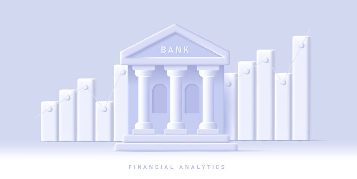 Banking building digital 3d icon with volume bar chart on the background. Vector illustration