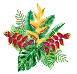 Tropical bouquet of yellow heliconia flowers and green palm leaves. Hand drawn exotic watercolor illustration on isolated background. Postcard and print. Hawaiian style. Jungle foliage composition.