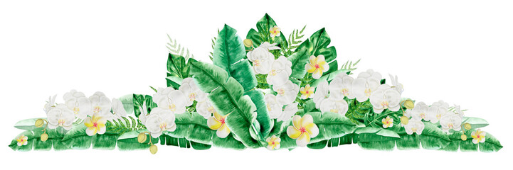 Hand drawn flowers and leaves of tropical plants. Arrangement with watercolor exotic green tropical forest foliage and white orchid, frangipani on a white background. Wedding and holiday composition