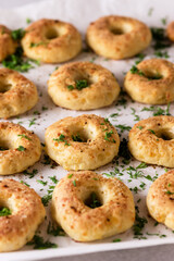 Tasty Homemade Cottage Cheese Donuts with spices gray background
