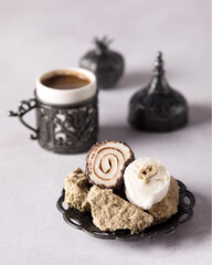 Traditional delicious Turkish coffee and Turkish delight Locum Gray Background
