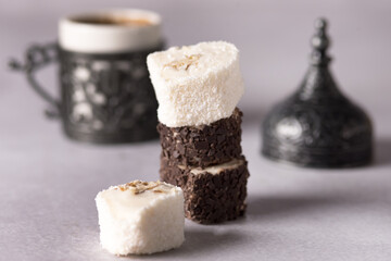 Traditional delicious Turkish coffee and Turkish delight Locum Gray Background