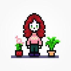 Obraz premium Cute pixel girl standing with plants, curly hair