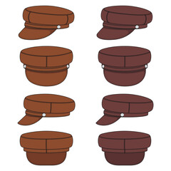 Set of color illustrations with brown peaked cap, forage cap. Isolated vector objects on white background.