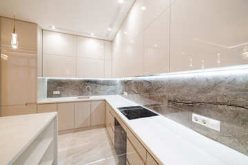 Fototapeta na wymiar white clean transparent new kitchen with lighting in the house