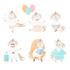 Obraz na płótnie Canvas Set of cute unicorns. Reading, studying, having bath, dancing, celebrating birthday. Vector unicorn set.