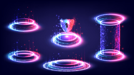 Sci-fi high-technology stage collection in red and blue glowing HUD. Hologram portal swirl light of science futuristic. Magic warp gate in game fantasy. Circle teleport podium.  Capsule hologram
