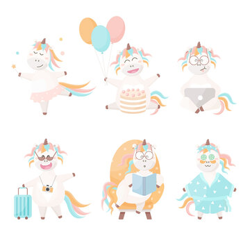 Set of cute unicorns. Reading, studying, having bath, dancing, celebrating birthday. Vector unicorn set.