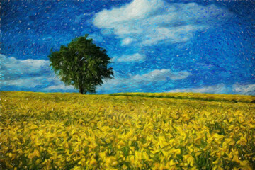 Obraz premium Watercolor and oil painting nature landscape, famous travel and touristic place, outdoor vacation trend print for poster, paper, textile or canvas. Modern fine arts design wallpaper. Wall art drawing