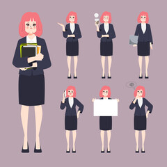 Obraz premium Businesswoman working and difference pose set character. Flat cartoon vector design.