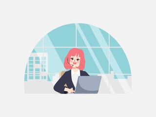 Business woman working in call center with laptop and earphone. Flat cartoon vector design.
