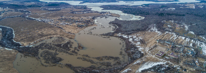 Russia, Moscow region, spring flood on the Koloch river, panorama, aerial photography.