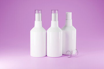 White Spray Bottle with transparent cap. Blank Mock Up for Presentation of Cosmetic Skin Care Product Design on pink background, 3D Render