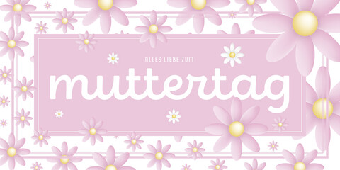 Fototapeta na wymiar German text : Alles liebe zum muttertag, on an pink rectangular frame with pink blossoms on white background