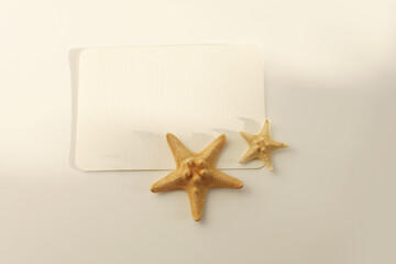 Fototapeta na wymiar Empty Blank texture paper card with starfish and copy space for your text message. Light and shadows minimalism style template horizontal background. Flat lay, top view. Beige color tone.