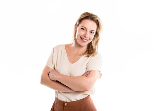Portrait of happy 40 woman over white background
