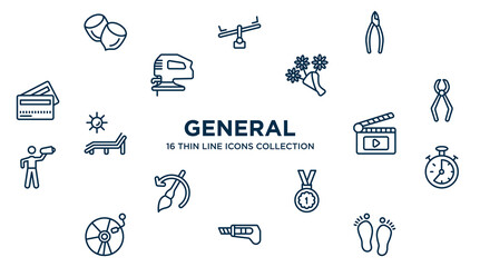 concept of 16 general outline icons such as nuts, nippers, daisy bouquet, nail puller, fragments, analog stopwatch, win, stationery knife, steps vector illustration.