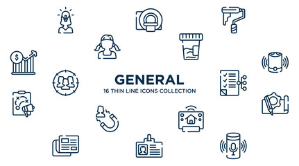 concept of 16 general outline icons such as team leader, painting work, urine test, smart speaker, smart contract, prototyping, smart home hub, user data, assistant vector illustration.