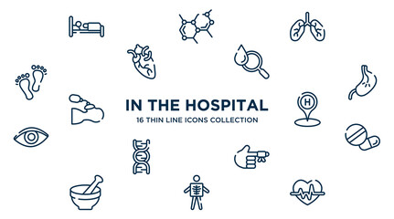 concept of 16 in the hospital outline icons such as illness on bed, lungs organ, blood analysis, esophagus, hospital placeholder, medical pill, hurted finger with bandage, x ray of a man, heart with