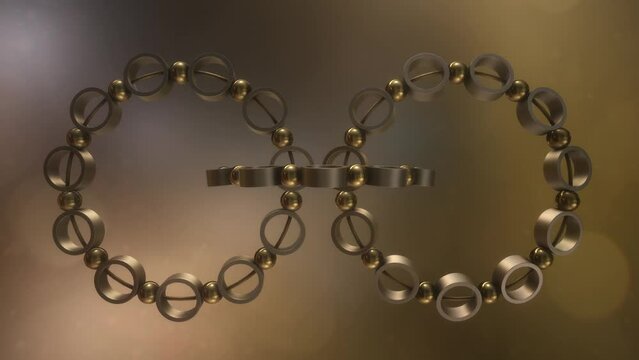 Animazione 3D con anelli con sfere  legati da un filo con colore oro ed argento