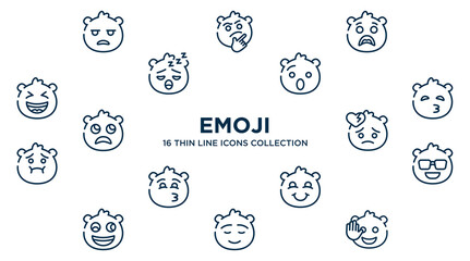 concept of 16 emoji outline icons such as bored emoji, surprise emoji, hushed kissing with closed eyes broken heart cool blushing calm hello vector illustration.