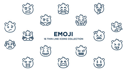 concept of 16 emoji outline icons such as sceptic emoji, quiet emoji, shocked liar desperate crazy nervous crying rich vector illustration. - obrazy, fototapety, plakaty