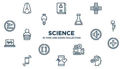 concept of 16 science outline icons such as body part, naensor, erlenmeyer, fertility, silent, hospital, documentary, medical app, mechanics vector illustration.