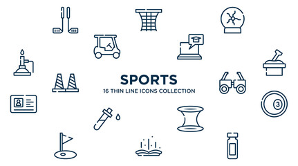 concept of 16 sports outline icons such as golf equipment, plasma ball, elearning, sandbox, testing glasses, ball pool, wormhole, tale, reusable bottle vector illustration.