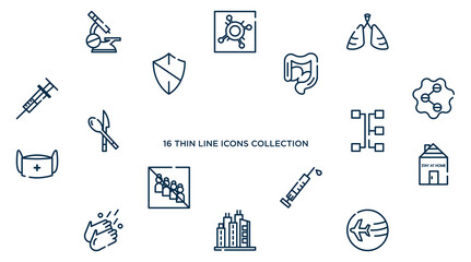 concept of 16 outline icons such as microscope, pneumonia, intestine, social, transmission, stayhome, vaccine, city, travelling vector illustration.