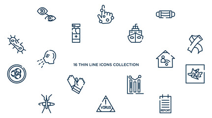 concept of 16 outline icons such as eyes, sterile mask, cruise, hiv, telework, germ, graph, virus warning, report vector illustration.