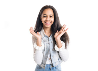 Beautiful black teen posing on studio white background