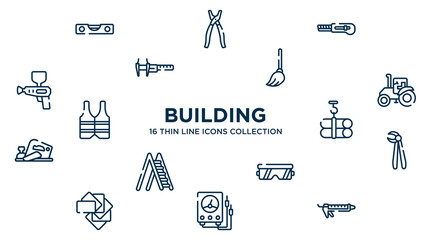 concept of 16 building outline icons such as level gauge, null, mop, farm tractor, tubes hook, forceps, protection glasses, electric gauge, sealant vector illustration.