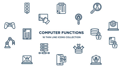 concept of 16 computer functions outline icons such as circuit board, science research, malware, tutorial, data encryption, encrypted data, ddos, mobile data, internet security vector illustration.
