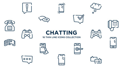concept of 16 chatting outline icons such as warning speech bubble, , speech bubble with check, business phone, ps4 controller, smartphone with three buttons, phone with keys, phone three buttons,