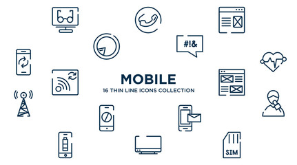 concept of 16 mobile outline icons such as reading mode, landing page, swear, heart rate, wireframe, male reporter, smartphone with email, tv screen, simcard vector illustration.