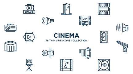 concept of 16 cinema outline icons such as online movie, freeze frame, home cinema, sound effect, video clip, hitman, negative film, soundtrack, hd vector illustration.
