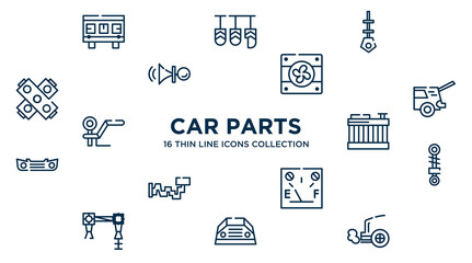 concept of 16 car parts outline icons such as car cylinder head, car dipstick, fan, taiate, radiator, suspension, petrol gauge, parcel shelf, exhaust vector illustration.