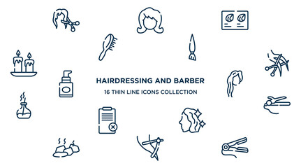 concept of 16 hairdressing and barber outline icons such as female hair cut with scissors, hair color sample, angle brush, haircut, woman with long hair, straighter and curler, treatment, razor to