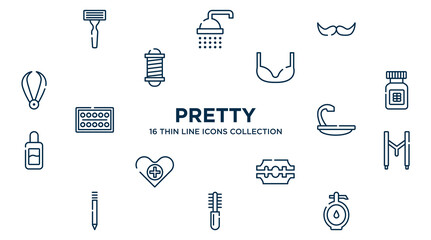 concept of 16 pretty outline icons such as shaving razor, facial hair, bra, proteins, hair wash sink, suspenders, razorblade, combs, doser vector illustration.