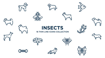 concept of 16 insects outline icons such as poodle, angelfish, french bulldog, shar pei, scorpio, bullterrier, null, dogs playing, leaf butterfly vector illustration.