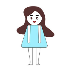 Fototapeta premium woman drawing from geometric shapes blue dress, brown hair, red lips