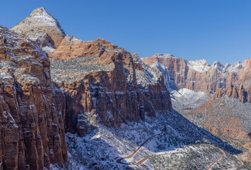 Scenic Snow Covered Landscape in Zion National Park Utah in Winter