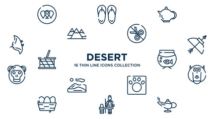 concept of 16 desert outline icons such as branches, teapot, no cut, bow and arrow, aquarium, baboon, veterinarian, cleaner, magic lamp vector illustration.