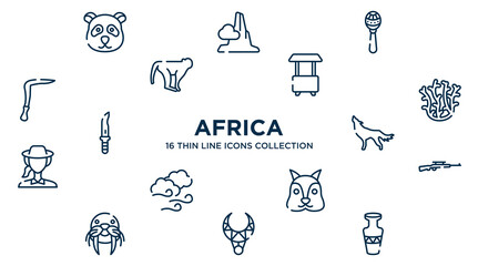 concept of 16 africa outline icons such as panda, maracas, food cart, coral, wolf, rifle, squirrel, necklace, vase vector illustration.
