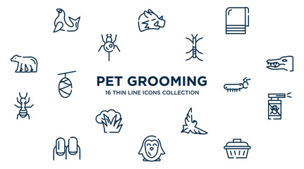 concept of 16 pet grooming outline icons such as seal, towel, stick insect, crocodile, caterpillar, anti flea, eagle, penguin, pet cage vector illustration.