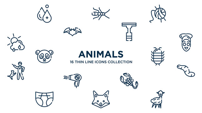 concept of 16 animals outline icons such as hydrotherapy, wool, null, facial treatment, cochineal, worm, scorpion, fox, alpaca vector illustration.