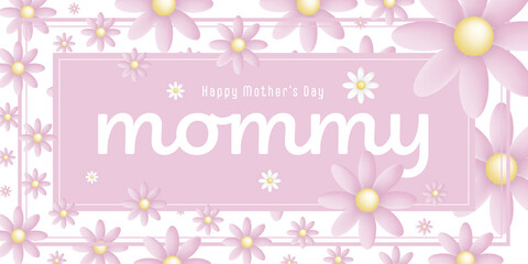 Text : Happy mother’s day Mommy, on an pink rectangular frame with pink blossoms on white background