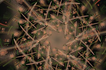 Orange green floral pattern of crooked waves on a black background. Abstract image. 3D fractal rendering