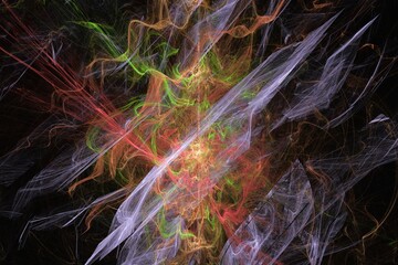 Multicolored pattern of crooked waves on a black background. Abstract image. 3D fractal rendering