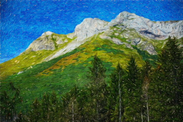 Watercolor and oil painting nature landscape, famous travel and touristic place, outdoor vacation trend print for poster, paper, textile or canvas. Modern fine arts design wallpaper. Wall art drawing